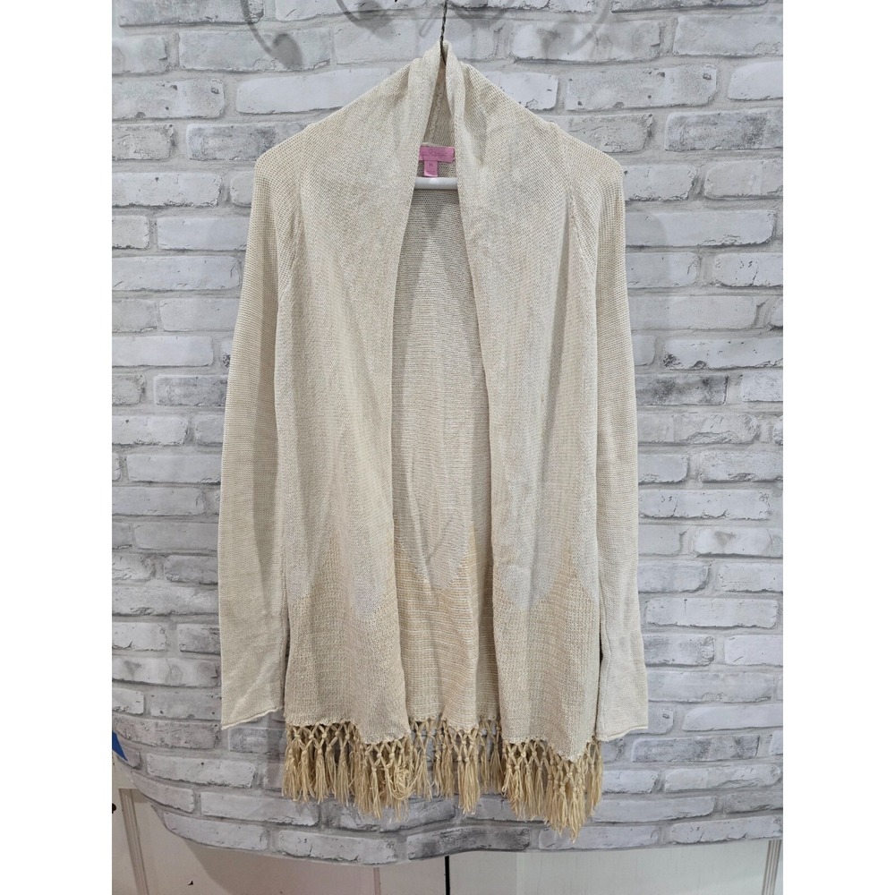 Lilly Pulitzer Women's Tatum Cardigan Cream Fringe Hem Gold Metallic Size‎ XS